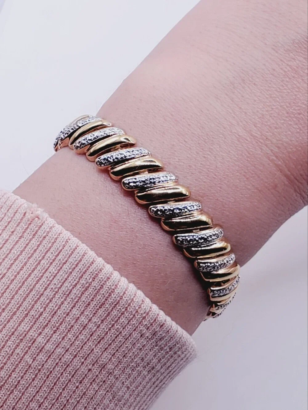 Genuine Diamond Yellow Gold and 925 Silver Twisted Pave Bracelet